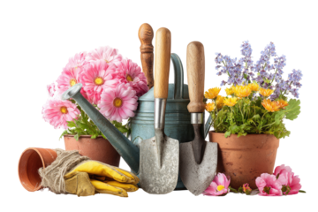 Assorted gardening tools and flowers in terracotta pots