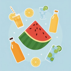 Watermelon, Juices and Lemons Still Life Illustration