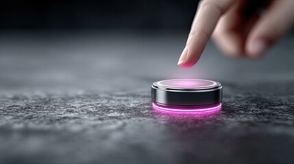 Hand Pressing Illuminated Button on Textured Gray Surface in Cinematic HDR