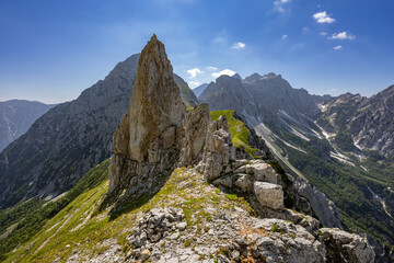 Picturesque mountain pass Kamniško sedlo in Kamnik Savinja Alps on a sunny summer afternoon, Slovenia