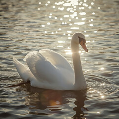 White Swan on Water with Sunlight Reflections