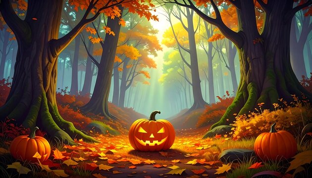 Autumn forest path with a jack-o'-lantern - Powered by Adobe