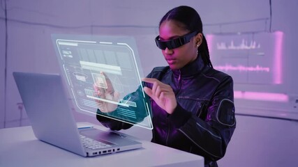Futuristic virtual interface interaction by woman operating holographic display technology - Powered by Adobe