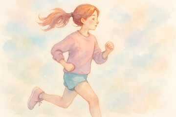 Young girl with reddish hair in a ponytail running outdoors with a joyful expression and a light pastel background