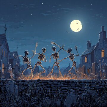 An illustration features five skeletons dancing playfully in a moonlit graveyard within a spooky village. Silhouettes of houses and gravestones frame the bright full moon in the night sky.