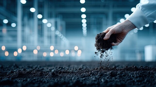 Hand Sifting Dark Soil Sample in Modern Industrial Setting with White Shirt Cinematic Lighting