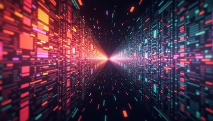 Glowing corridor of computer files in an abstract, futuristic style with vibrant colors
