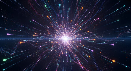Vibrant abstract explosion of colorful light particles radiating outwards from a central bright source, symbolizing energy and data flow.