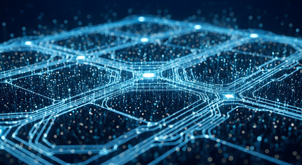 Abstract visualization of a complex digital network with glowing blue nodes and interconnected lines, representing data flow and connectivity.