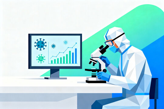 Scientist in protective suit examining specimen under microscope with virus data on computer screen