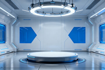 Futuristic laboratory interior with circular platform and blue illuminated panels