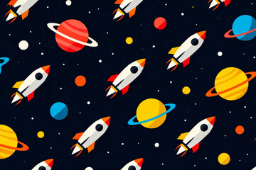 Naklejka premium Colorful cartoon rockets and planets on a starry space background