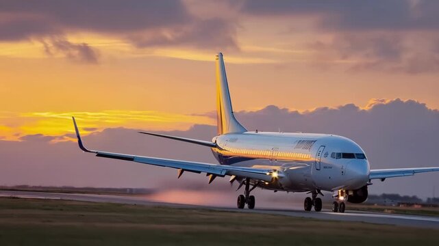 Aircraft touchdown at sunset with dramatic sky and runway action