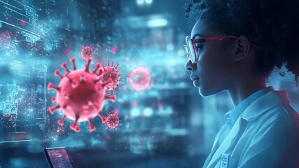 Female scientist in lab using digital interface with virus graphics demonstrating medical research and technology - Powered by Adobe