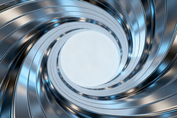 Abstract metallic spiral with reflective concentric rings and central light core