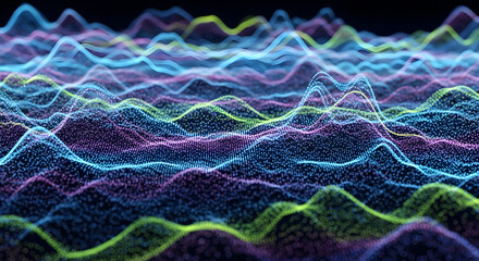 Abstract digital landscape of glowing colorful particles forming undulating wave patterns on a dark background.