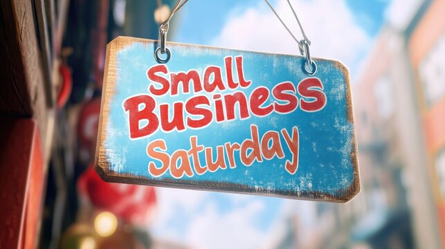 Small business saturday sign hanging outdoors promoting local shopping