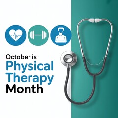 October is Physical Therapy Month Banner with Realistic Stethoscope, Heartbeat, and Fitness Icons for Health Clinics, Private Practices, and Wellness Social Media Promotion