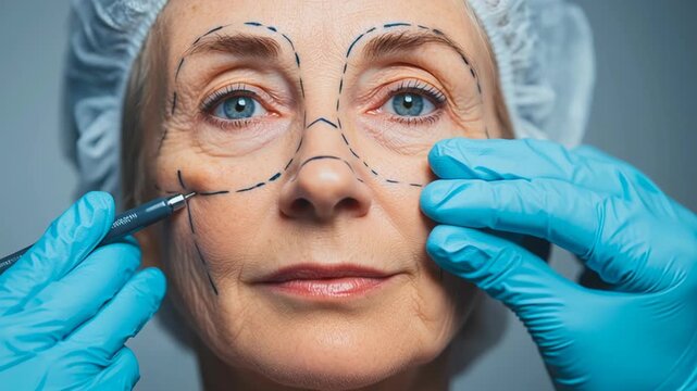 4k video of a face lift marking by a plastic surgeon. Concept of anti aging plastic surgery and filler treatment.
