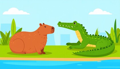 Naklejka premium Capybara Friends with a Crocodile. A clean and modern vector illustration of a perfectly calm capybara resting by a riverbank. 
