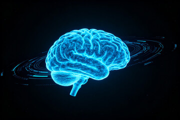 Glowing blue human brain with neural activity visualization against dark background