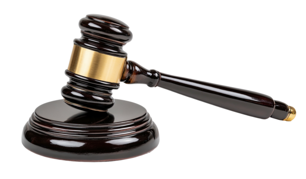 Dark wooden gavel on a stand