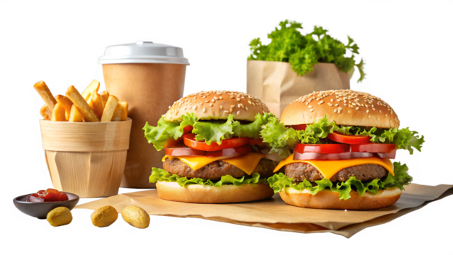 Two juicy cheeseburgers with lettuce, tomato, and cheese, served with french fries and a drink, isolated on transparent background