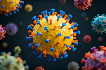 3D rendering of a virus particle with colorful spike proteins against a dark background