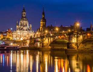 Obraz premium Cityscape at night, illuminated buildings, river reflection