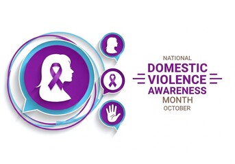 National Domestic Violence Awareness Month October banner with a purple ribbon, victim silhouette, and hand icons, symbolizing support, safety, protection, and advocacy against abuse.