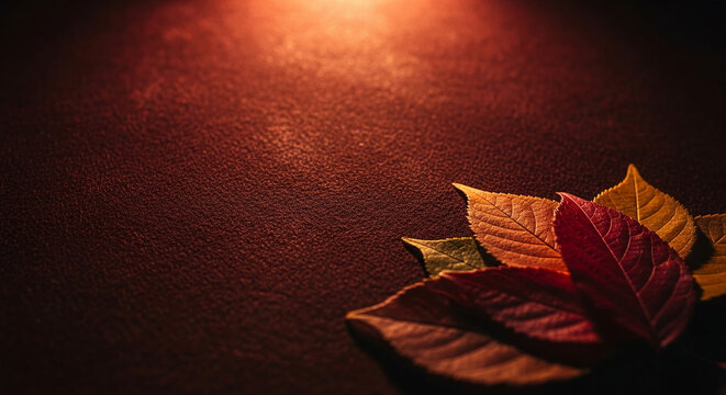 Autumn leaves in red, orange, and yellow hues on a dark brown background, showcasing fall season's warm colors and textures, ideal for seasonal designs or autumnal themes