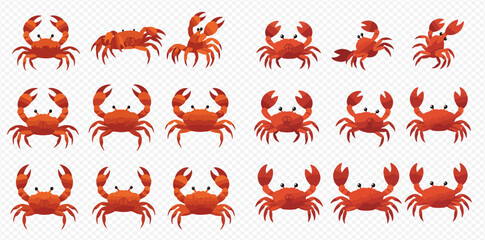 A vibrant collection of cute red cartoon crabs in various playful poses, featuring their distinctive claws and eyes, against a transparent background. © ArtLuna Studio