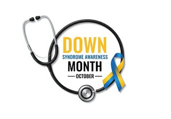 Down Syndrome Awareness Month October banner featuring a stethoscope looped around the text with a blue and yellow ribbon, symbolizing medical support and community health advocacy.