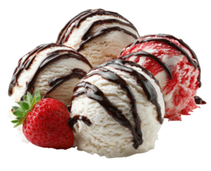 Creamy ice cream scoops with chocolate and strawberry sauce