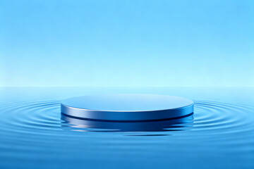 A circular platform floating on calm blue water with ripple effects under a clear sky