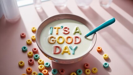 Colorful Cereal Spelling "It's a Good Day" in Milk Bowl