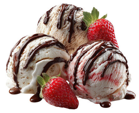 Delicious ice cream scoops topped with chocolate sauce and fresh strawberries - Powered by Adobe