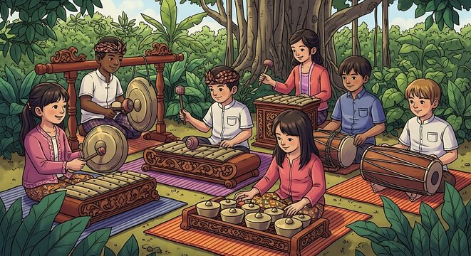 A beautiful illustration of diverse children playing traditional Indonesian gamelan music together outdoors.