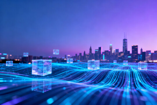 Digital data streams flowing over a futuristic cityscape at twilight with glowing cubes and network connections - Powered by Adobe