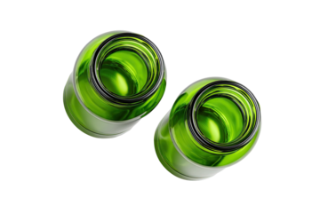 Two green glass bottles, top view