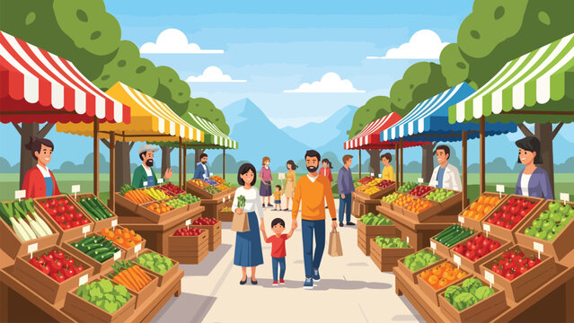 Community market: A vibrant illustration showcasing a bustling market, overflowing with fresh produce under colorful canopies. A family strolls through the scene, embodying community spirit. 