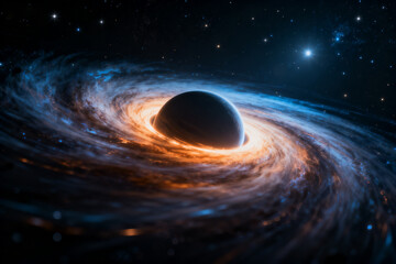 A black hole with an accretion disk swirling in space, surrounded by stars and cosmic dust.