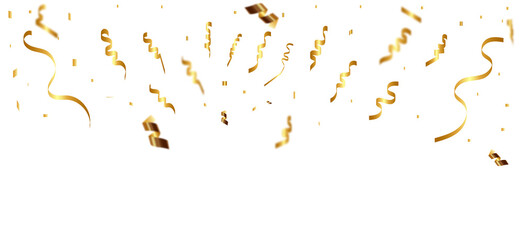 Falling Golden Confetti and Streamers, Festive Party Decoration Overlay on Transparent Background
