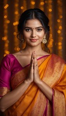 Graceful woman in orange silk saree with namaste gesture, festive bokeh backdrop, Generative AI