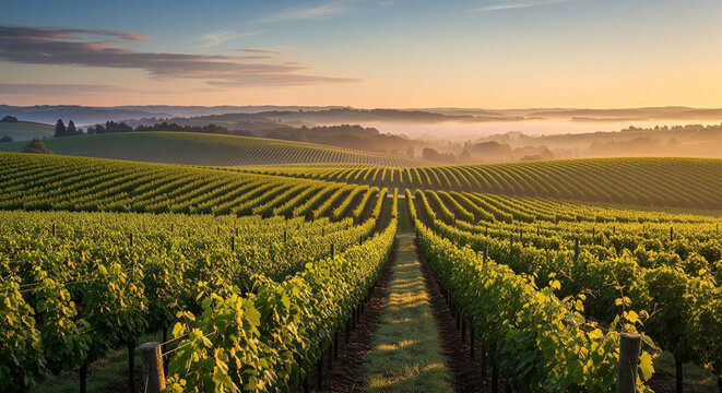  A clean, wide-angle shot looking over neat rows of grapevines on gentle rolling hills. The scene is at sunrise, with soft, golden light illuminating the vineyard and a light mist lingering in the val
