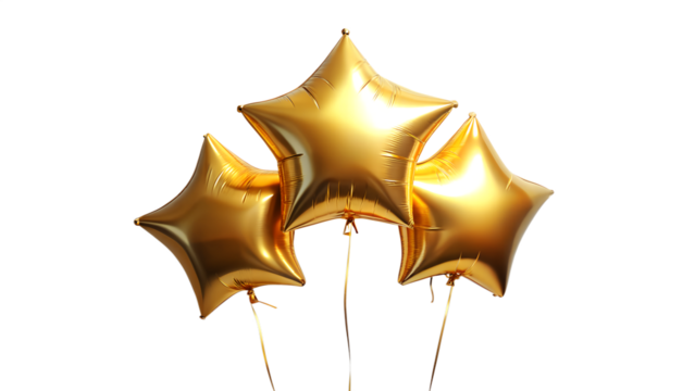 Three golden starshaped balloons floating isolated on transparent background