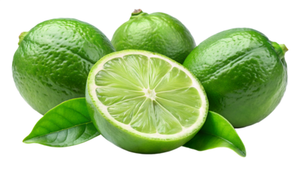 A group of fresh green limes, one cut in half, with leaves, isolated on transparent background
