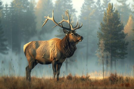 Majestic Elk with Large Antlers Standing Proudly in a Misty Forest Glade Serene Wildlife Scene - Powered by Adobe