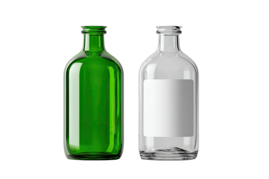 Two glass bottles, one green, one clear, with blank labels