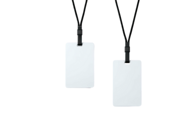 Two blank identification cards hanging on black lanyards